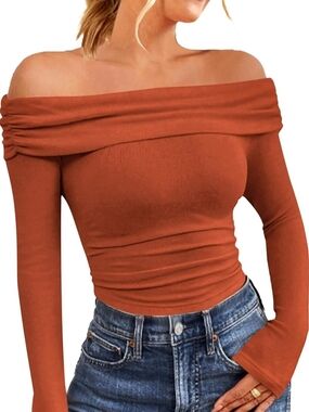 Off-Shoulder Long Sleeve Rust Crop Top
